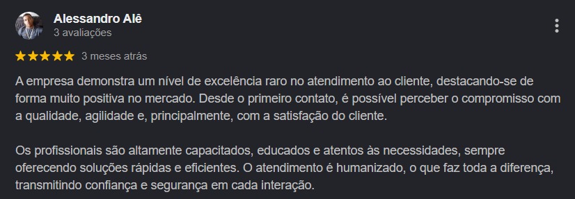 Avaliação 5 estrelas de Alessandro Alê elogiando o nível de excelência, agilidade e atendimento humanizado da Conectta